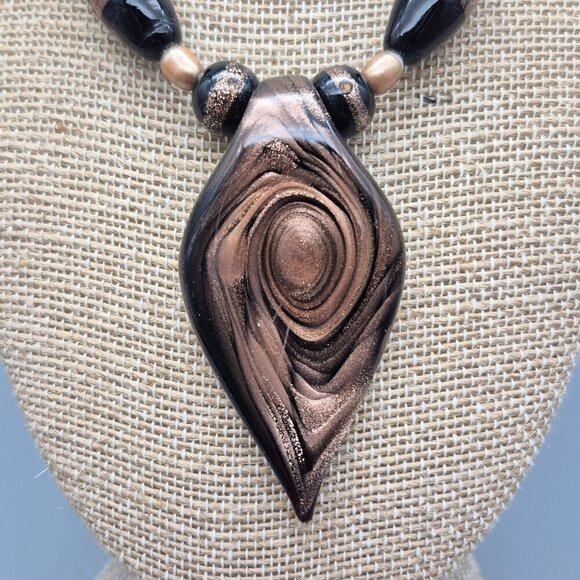 Artisan Art Glass Black & Gold Foil Beaded Statement Teardrop Pendant Necklace - Picture 2 of 7